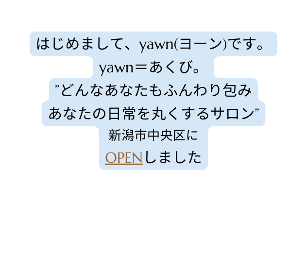 はじめまして yawn ヨーン です yawn あくび どんなあなたもふんわり包み あなたの日常を丸くするサロン 新潟市中央区に OPENしました